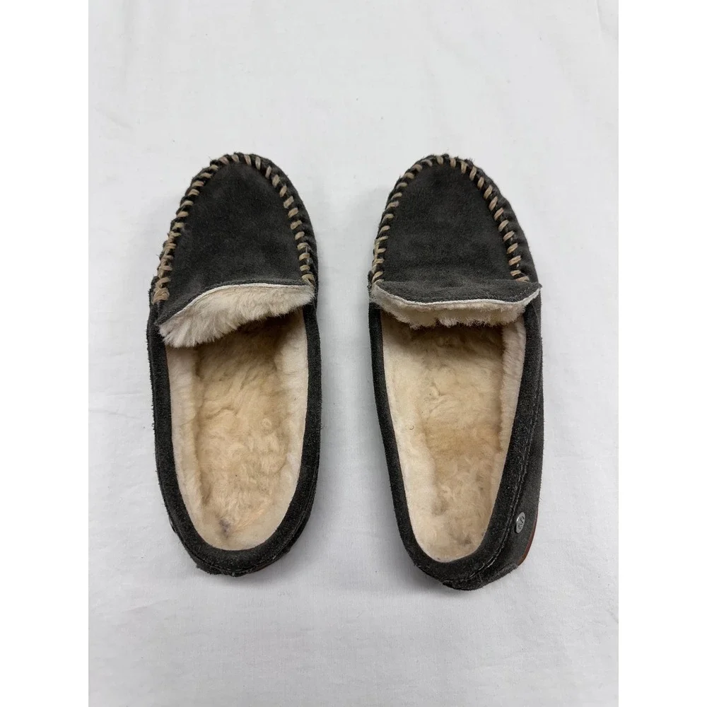 Minnetonka Kids Suede Sheepskin Lined Moccasin Slippers Shoes‎ Size 5 Gray
